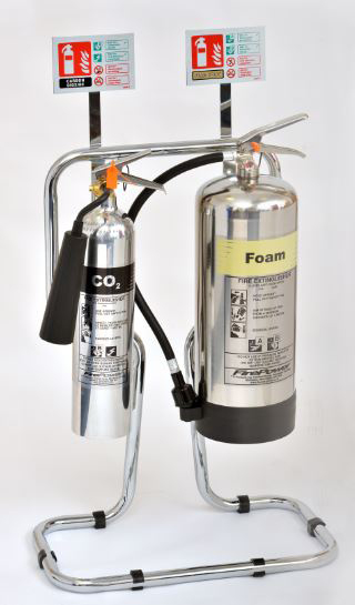 Chrome CO2 & foam fire extinguishers on chrome stand with fire extinguisher signage