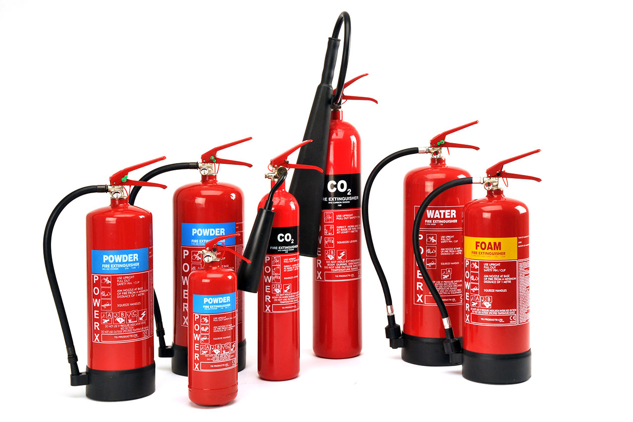 Types of fire extinguisher, water, foam, CO2 & powder