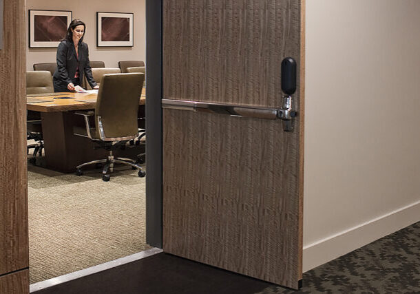 Businesswoman in a large conference room setting.